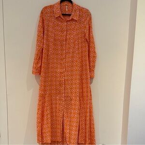 Free People Orange Pink Geometric Long Sleeve Dress